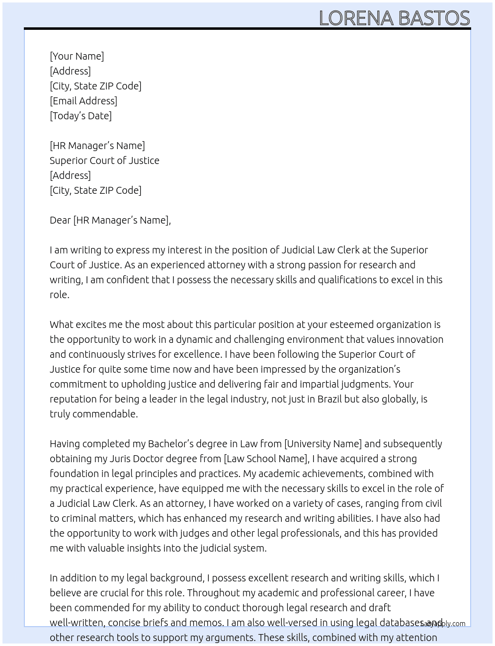 Judicial Law Clerk At Superior Court of Justice Cover Letter
