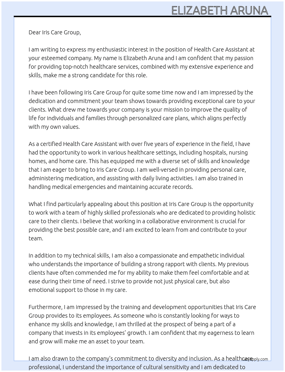 Health care assistant  At Iris care group  Cover Letter