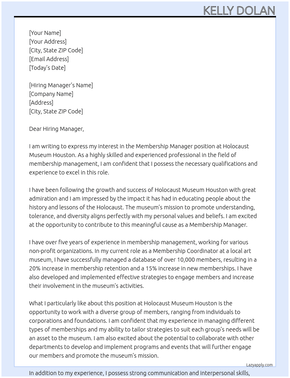 Membership Manager  At Holocaust Museum Houston Cover Letter