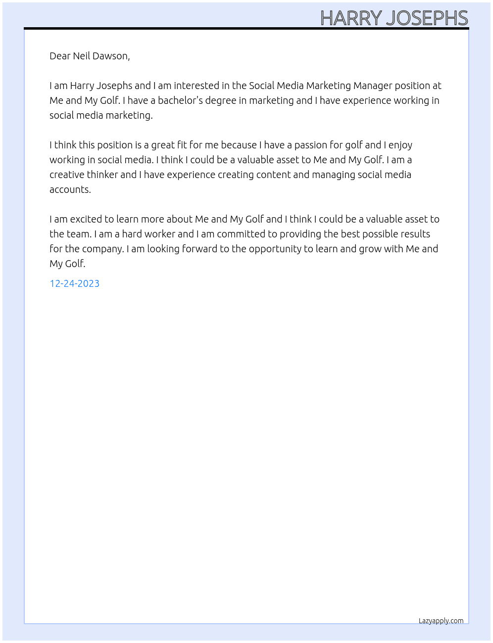 Social Media Marketing Manager At Me and My Golf Cover Letter