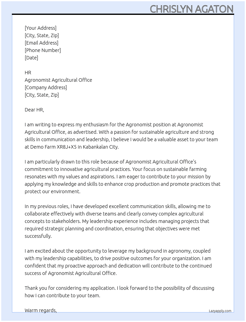 Agronomist Agricultural Office  At Agronomist agricultural Office  Cover Letter