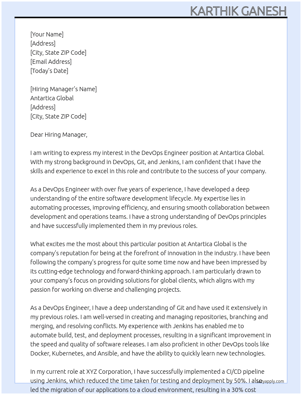 DevOps Engineer At Antartica Global Cover Letter