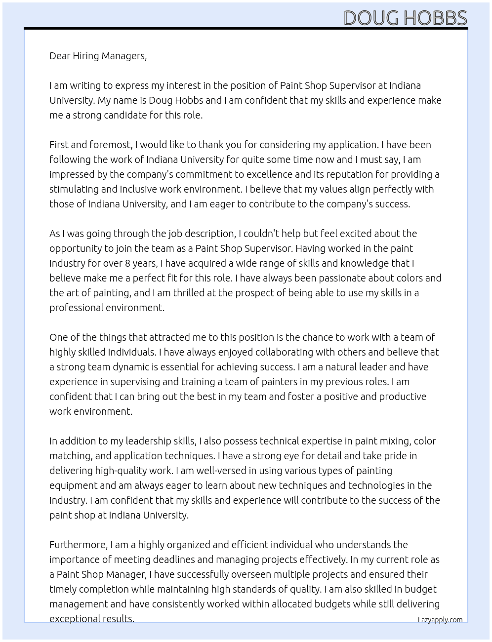 Paint Shop Supervisor At Indiana University Cover Letter