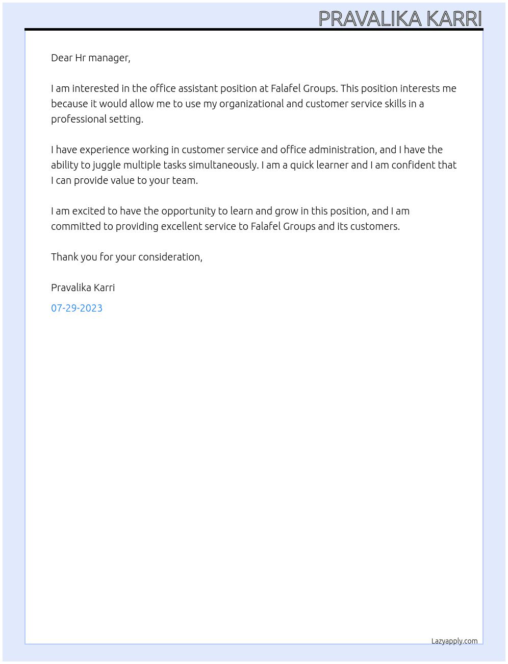 Office assistant At Falafel Groups Cover Letter