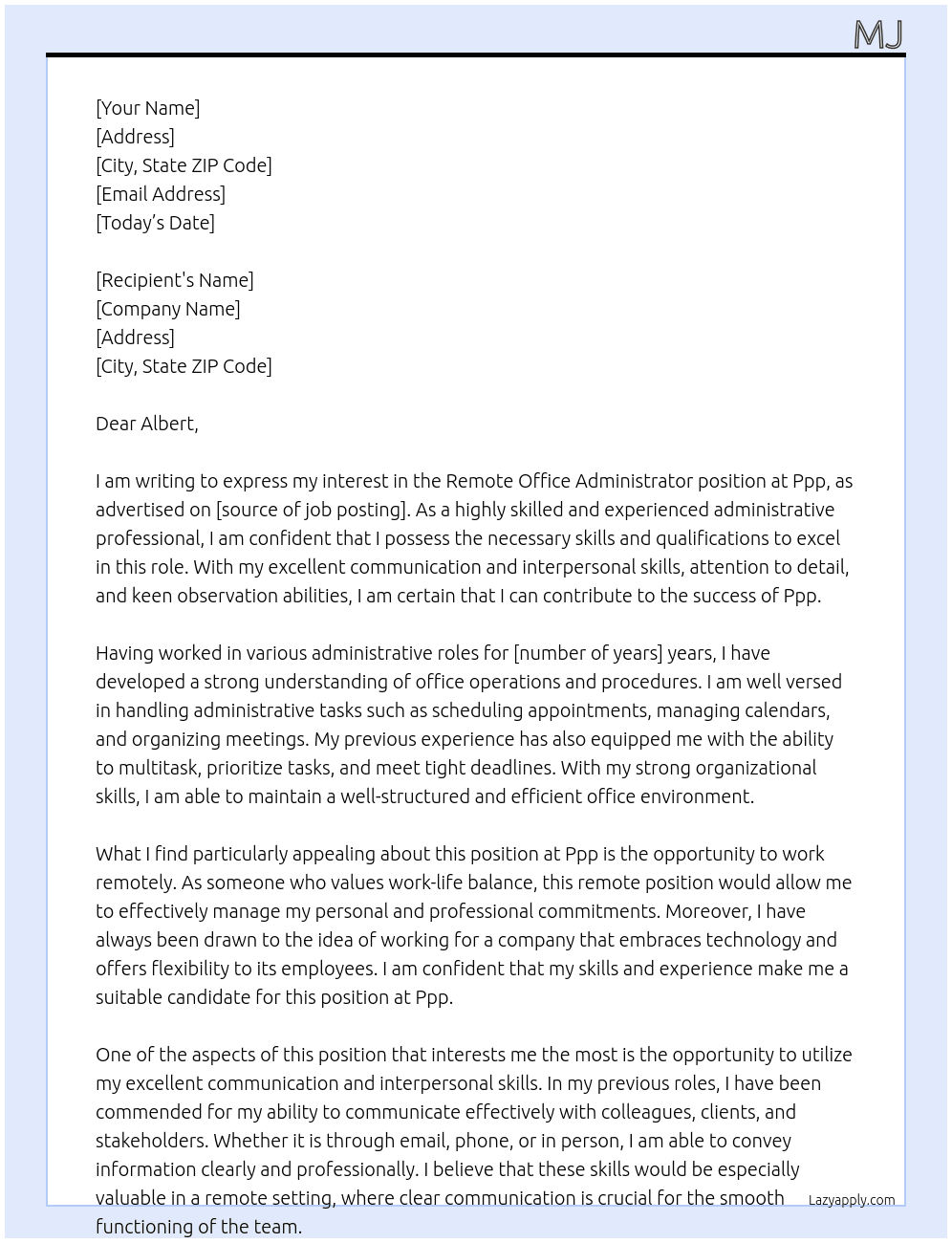 Remote office administrator At Ppp Cover Letter