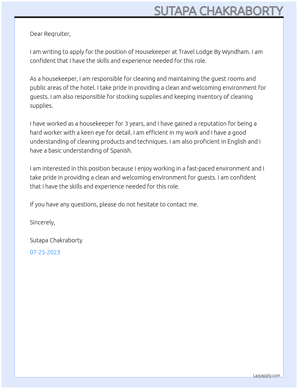 Housekeeper At Travel Lodge By Wyndham Cover Letter