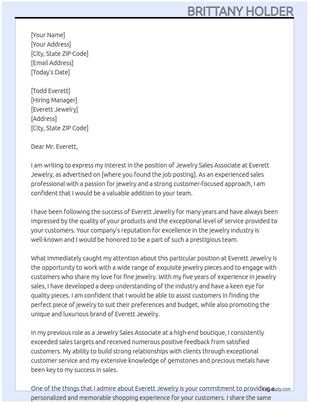 Jewelry Sales Associate At Everett Jewelry Cover Letter