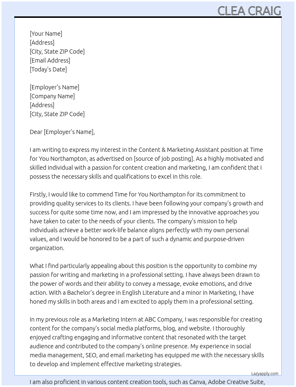 Content & Marketing Assistant At time for you northampton Cover Letter