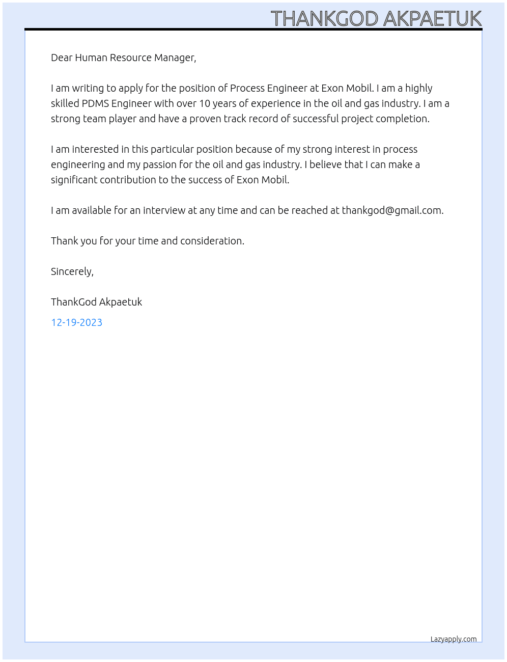 Process Engineer At Exon mobil Cover Letter