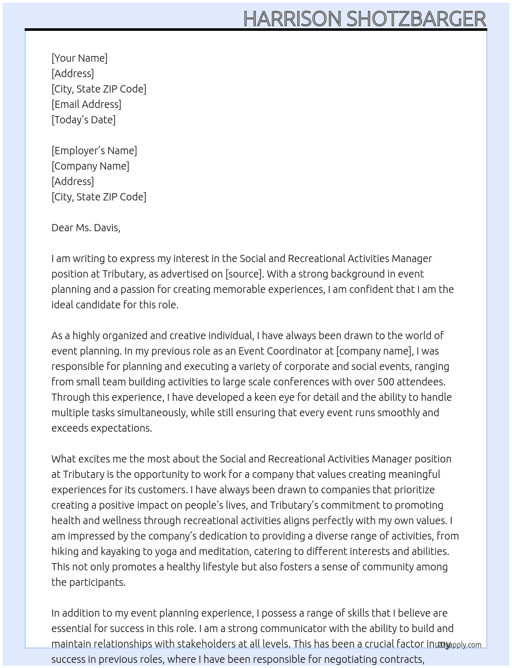 Social and Recreational Activities Manager At Tributary Cover Letter