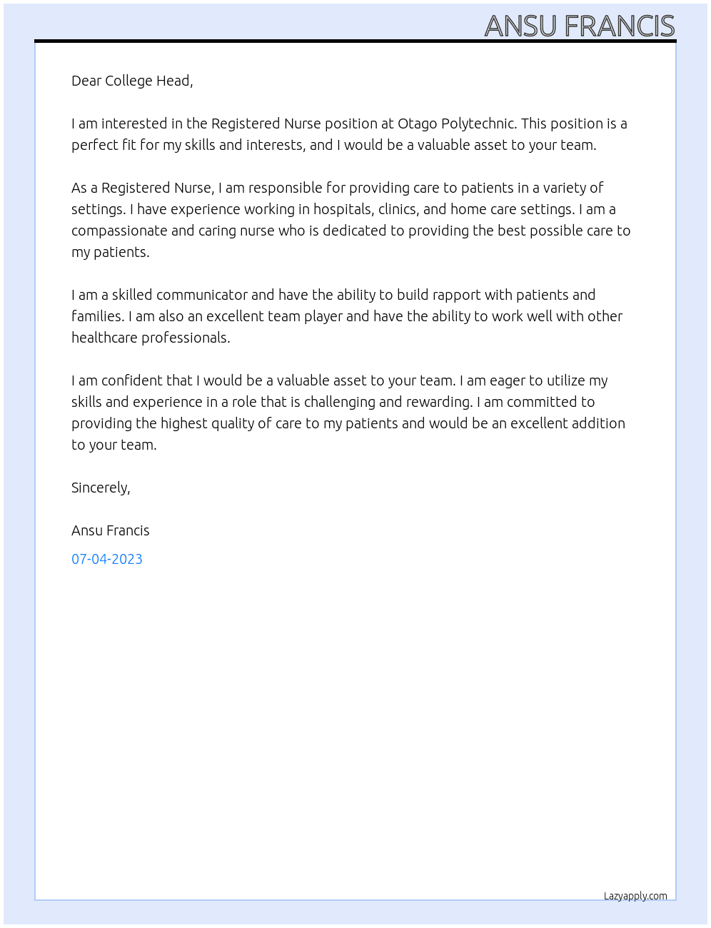Registered Nurse At Otago Polytechnic Cover Letter