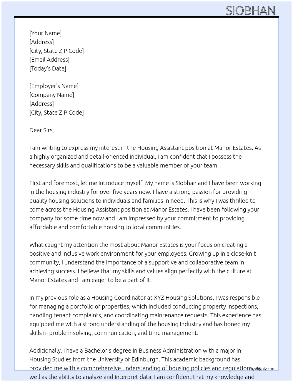 Housingg  Assistant At Manor Estates Cover Letter