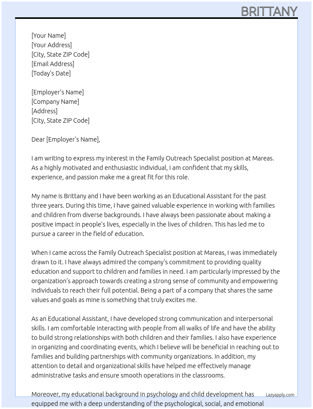 Family Outreach Specialist At Mareas Cover Letter