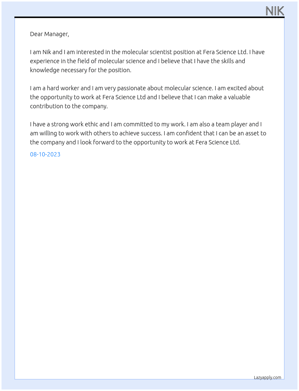 molecular scientist At Fera Science Ltd Cover Letter