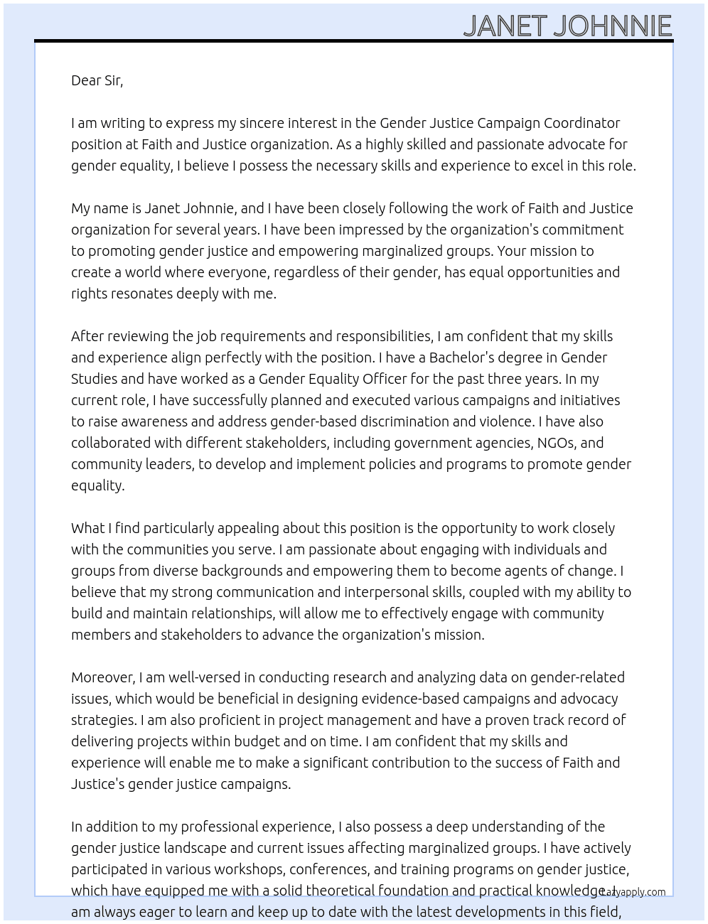 Gender justice campaign coordinator  At Faith and Justice  organization  Cover Letter