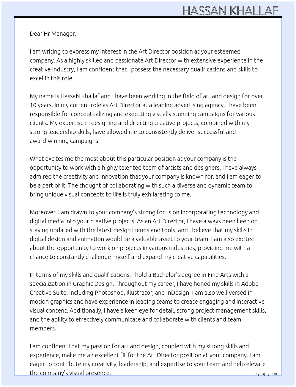 Art Director At Art Director Cover Letter