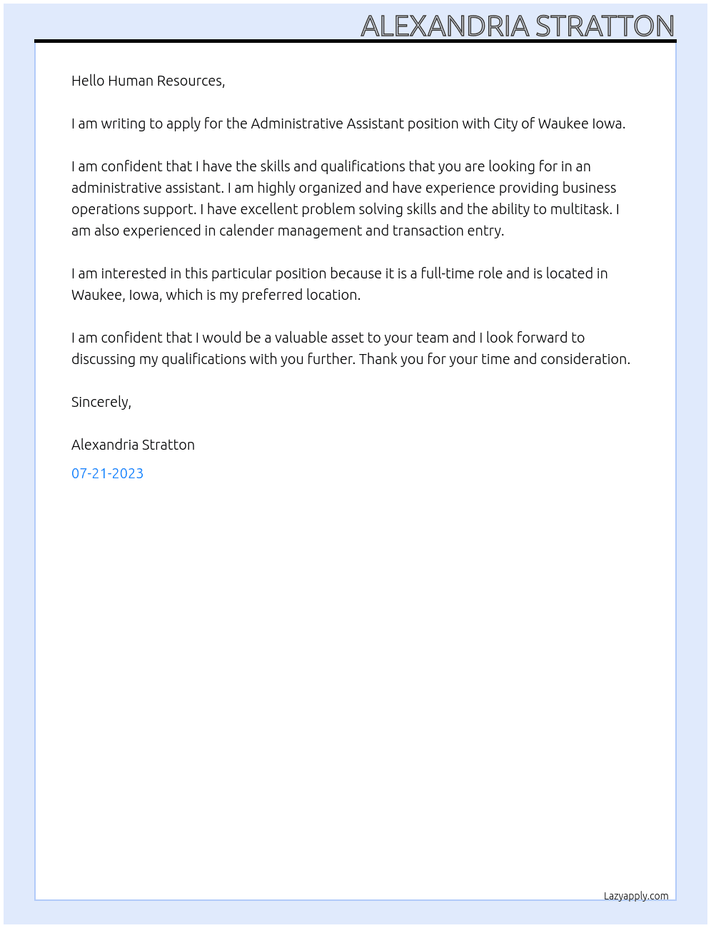 Administrative Assistant At City of Waukee Iowa Cover Letter