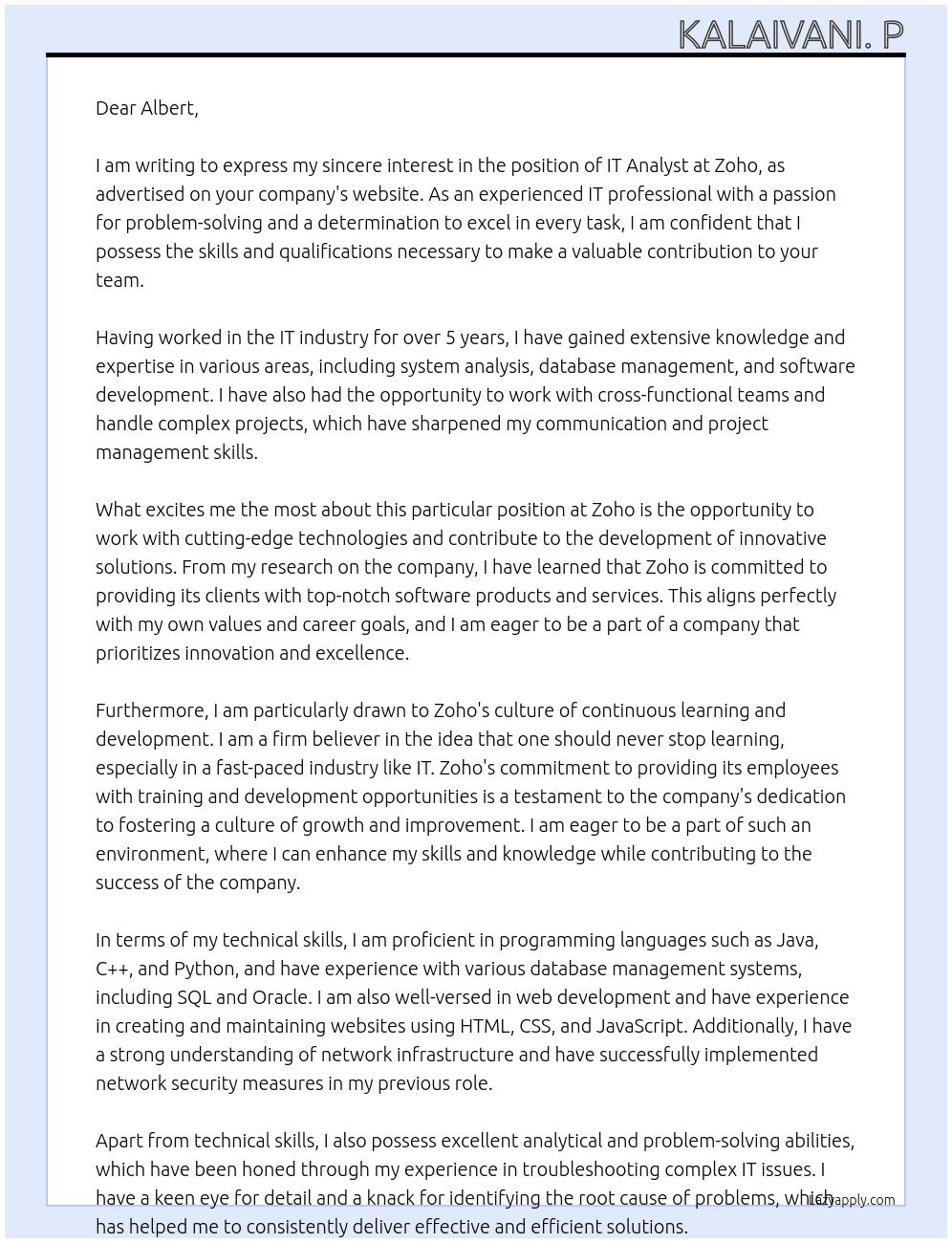 IT Analyst At Zoho Cover Letter