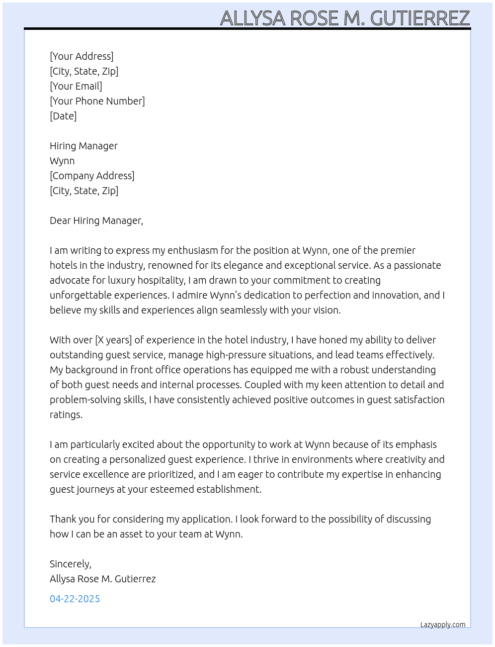 Hotel industry At Wynn  Cover Letter