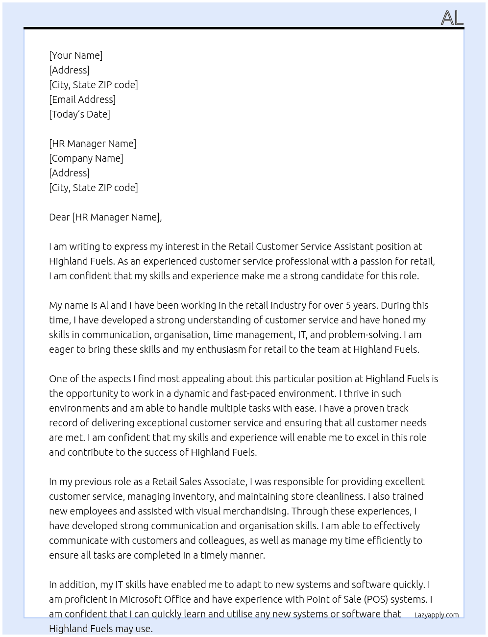 Retail Customer Service Assistant  At Highland Fuels Cover Letter