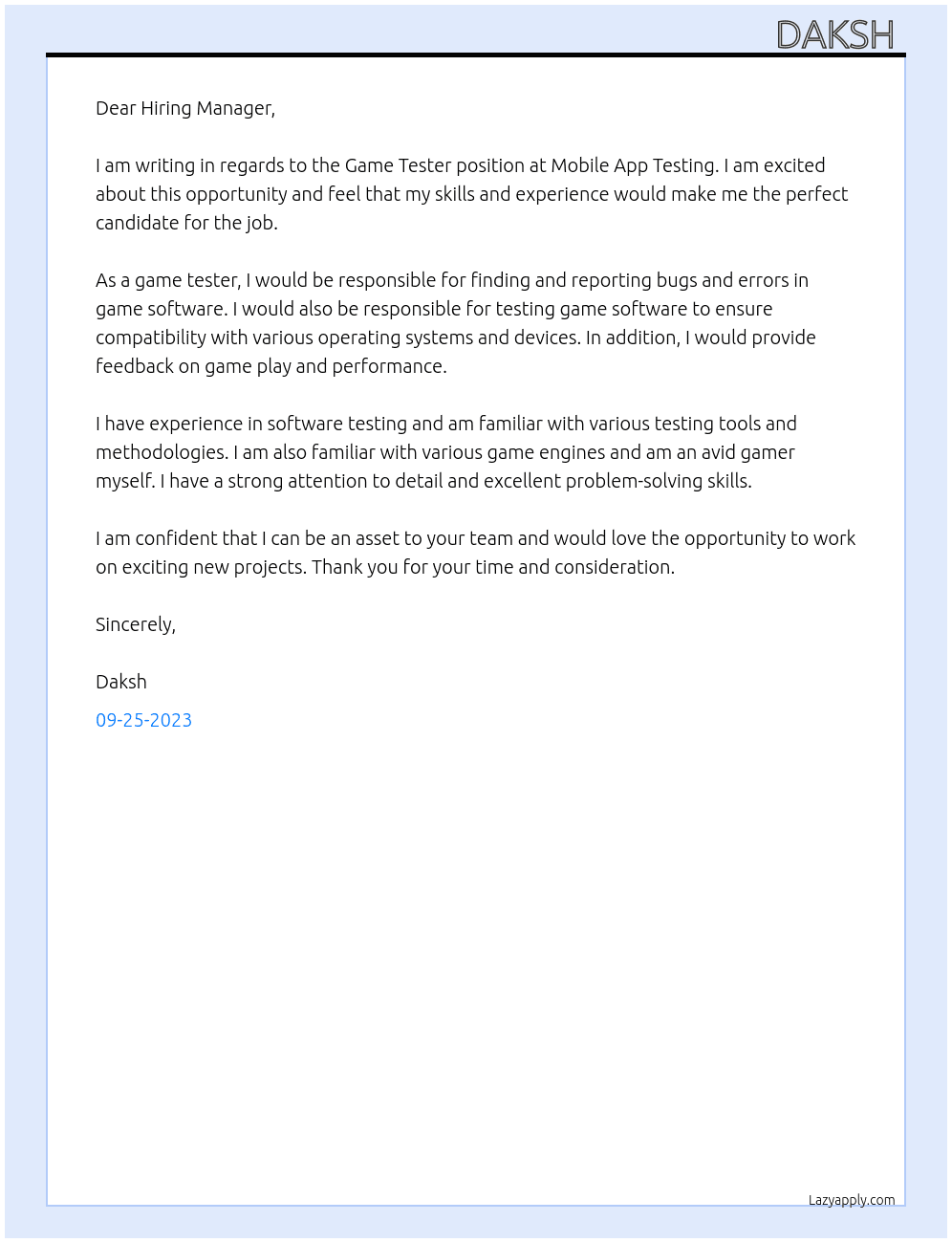 Game testing  At Mobile app testing  Cover Letter