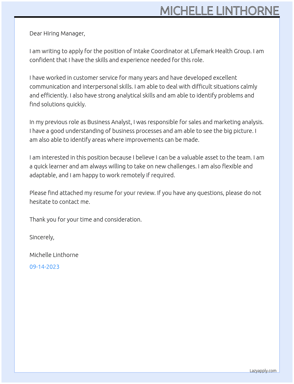 Intake Coordinator At Lifemark Health Group Cover Letter