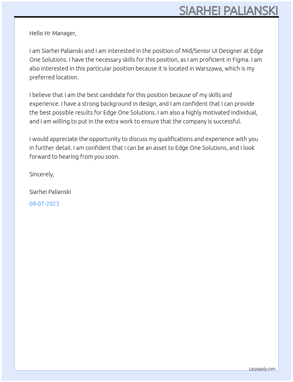 Mid/Senior UI Designer At Edge One Solutions Cover Letter