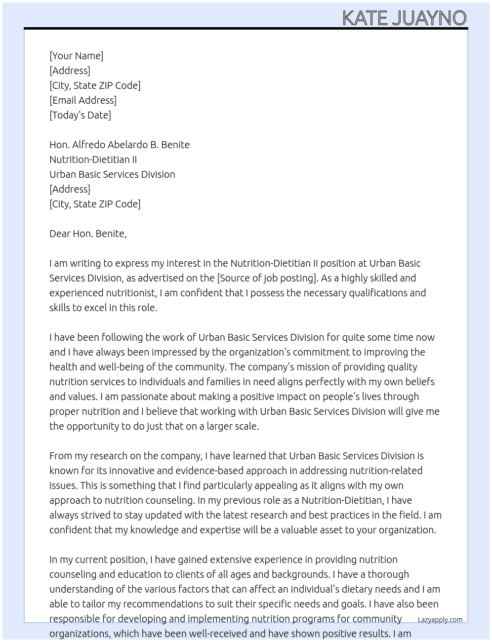 Nutrition-Dietitian II At Urban Baic Services Division Cover Letter