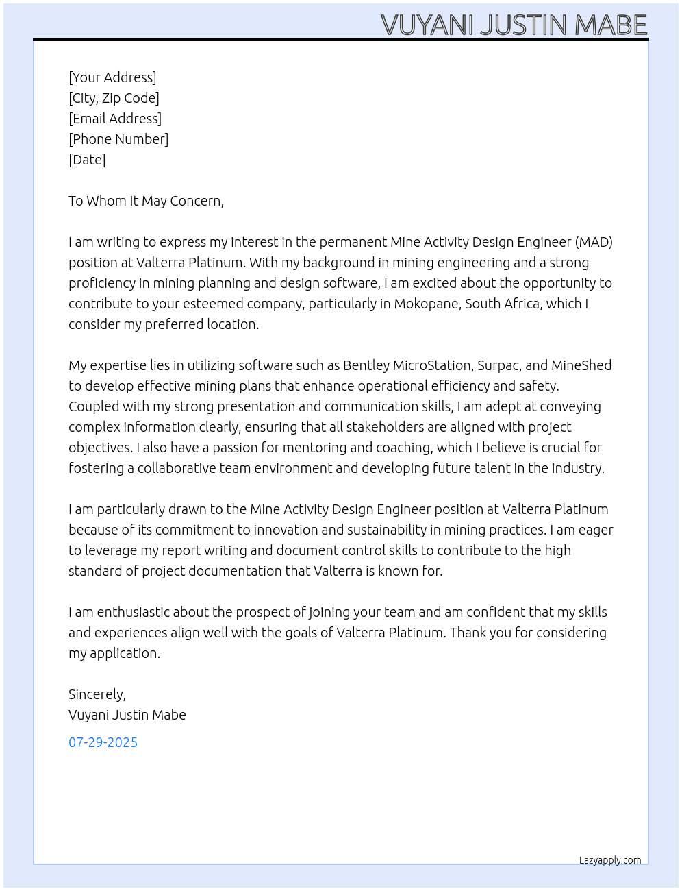 Mine Activity Design Engineer (MAD) At Valterra Platinum Cover Letter