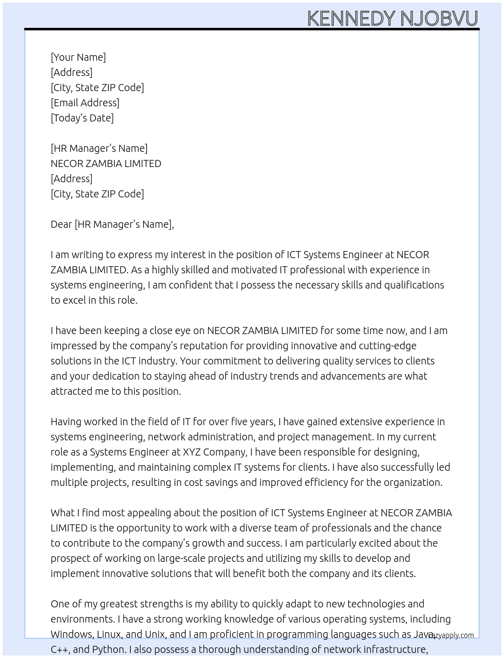 ICT Systems Engineer At NECOR ZAMBIA LIMITED Cover Letter