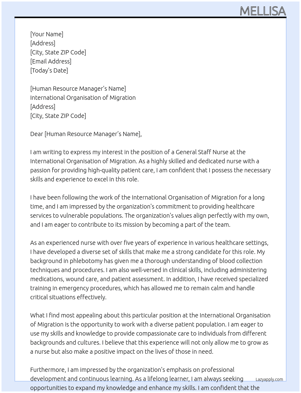 NURSE At international organisation of migration Cover Letter
