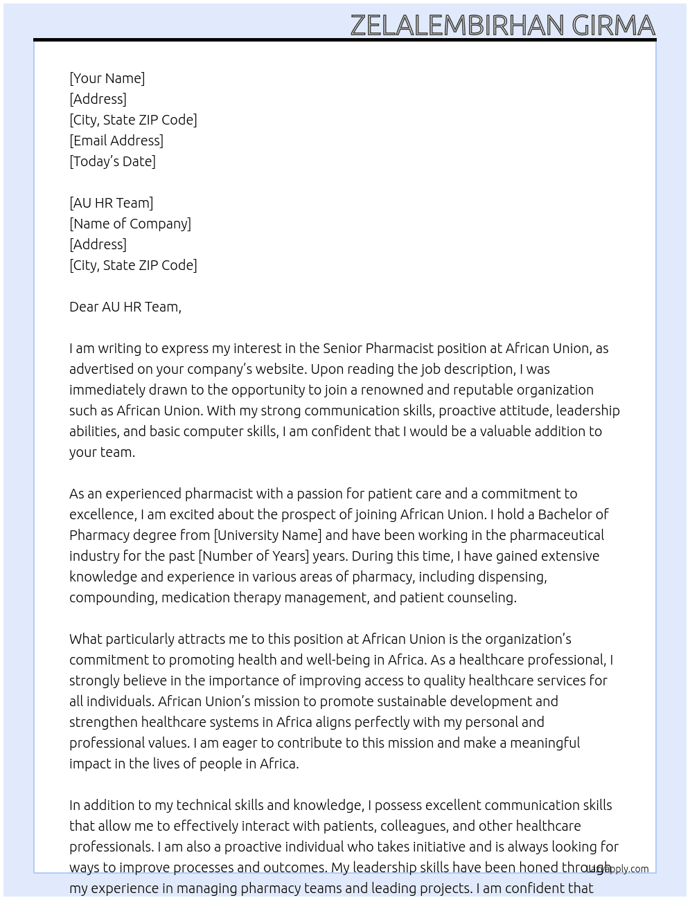 Senior pharmacist  At African union Cover Letter