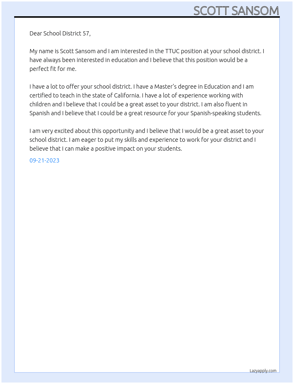 TTUC At School District 57 Cover Letter