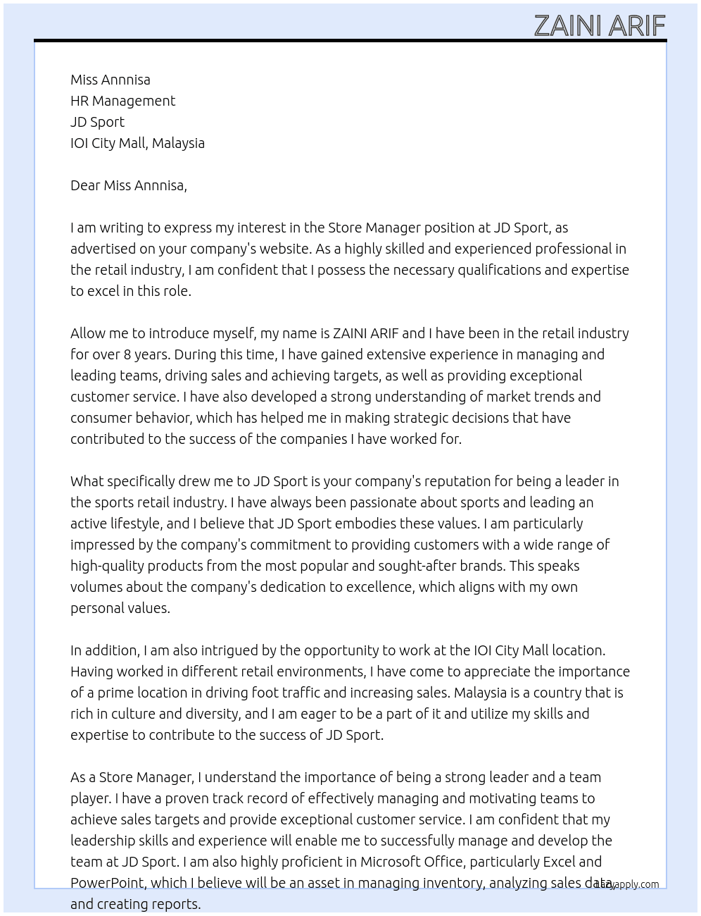 Store manager At JD Sport Cover Letter