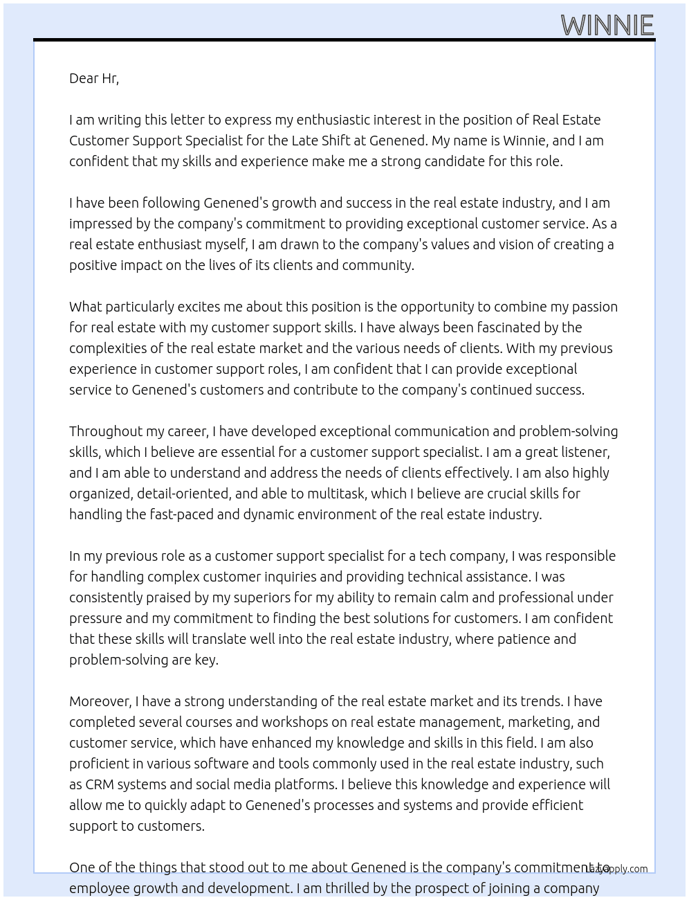 Real estate customer support specialist-Late shift At Genened Cover Letter