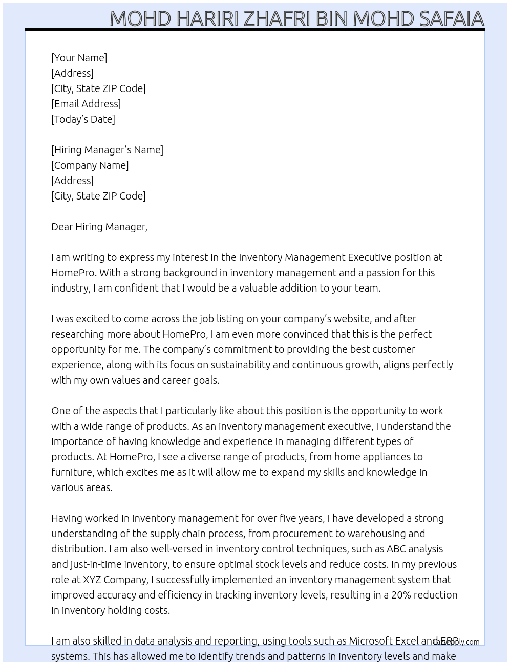Inventory Management Executive At HomePro Cover Letter