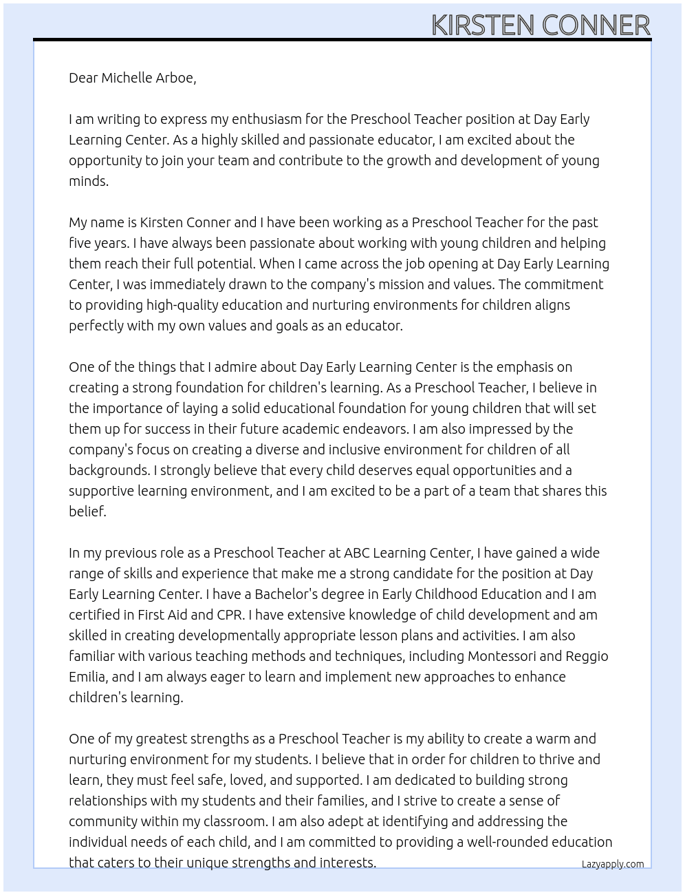 Preschool Teacher At Day Early Learning Center Cover Letter