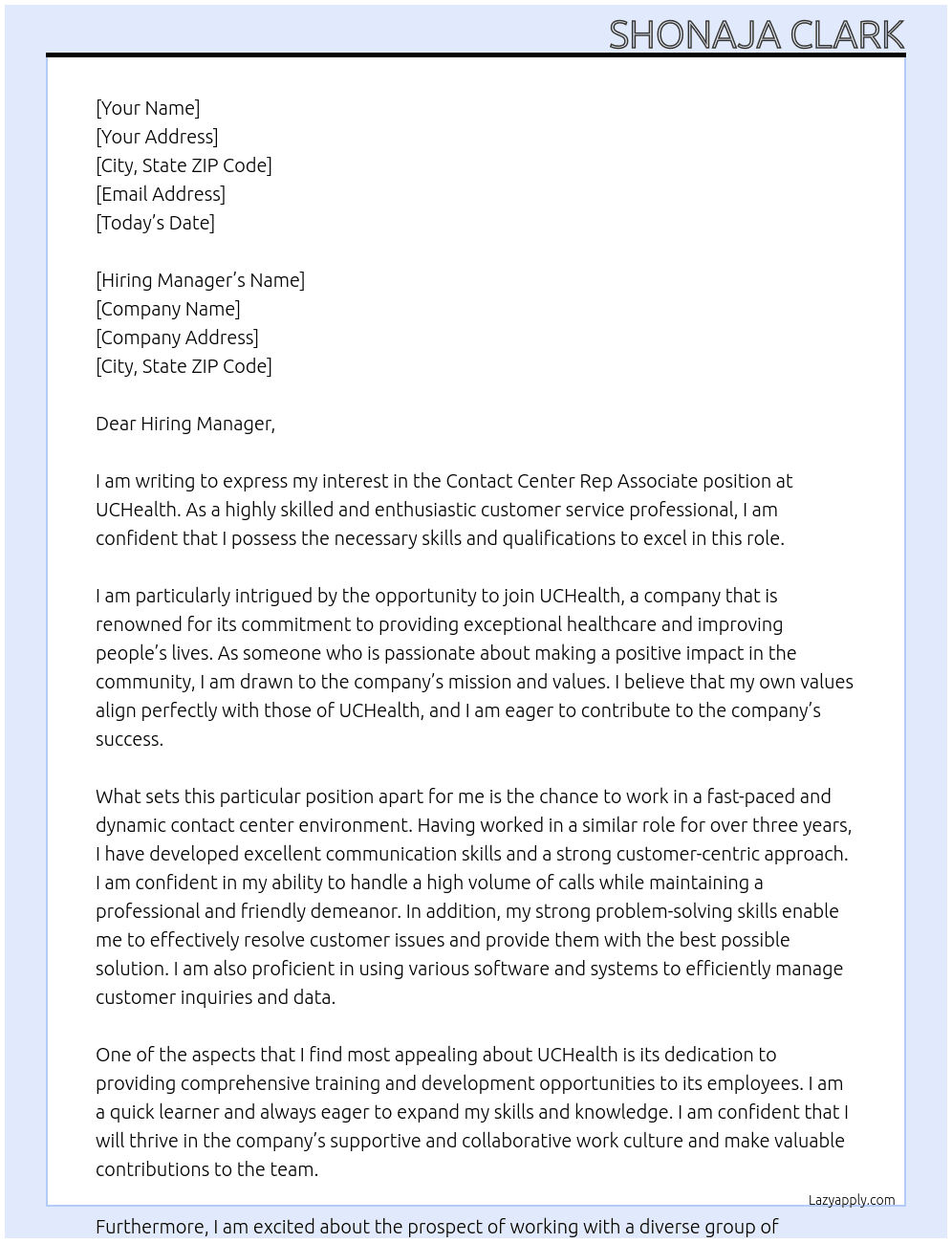 Contact Center Rep Associate  At UCHealth Cover Letter