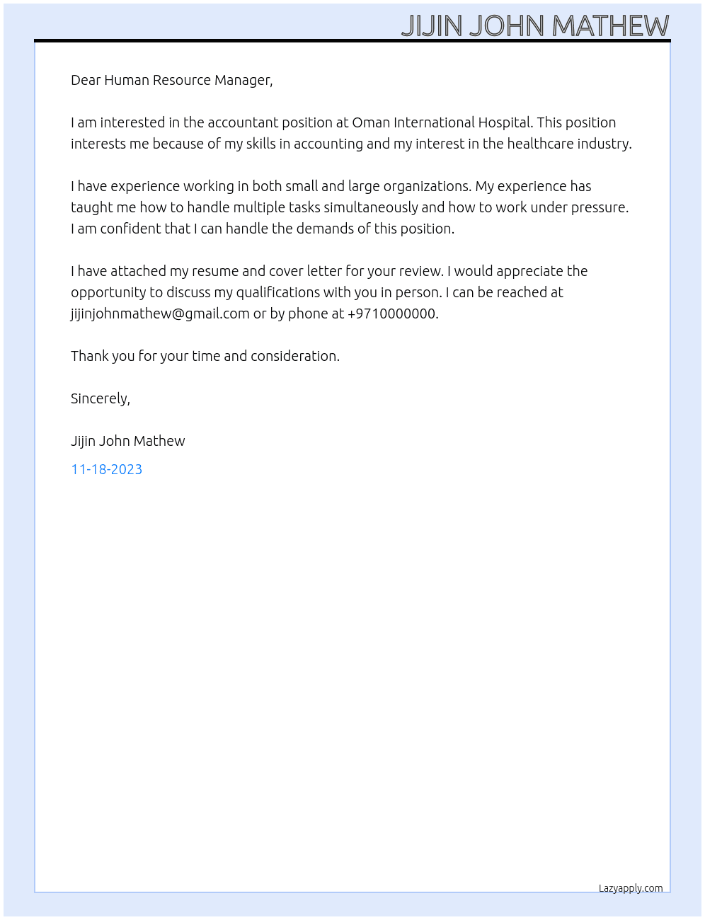 Accountant At Oman International Hospital Cover Letter
