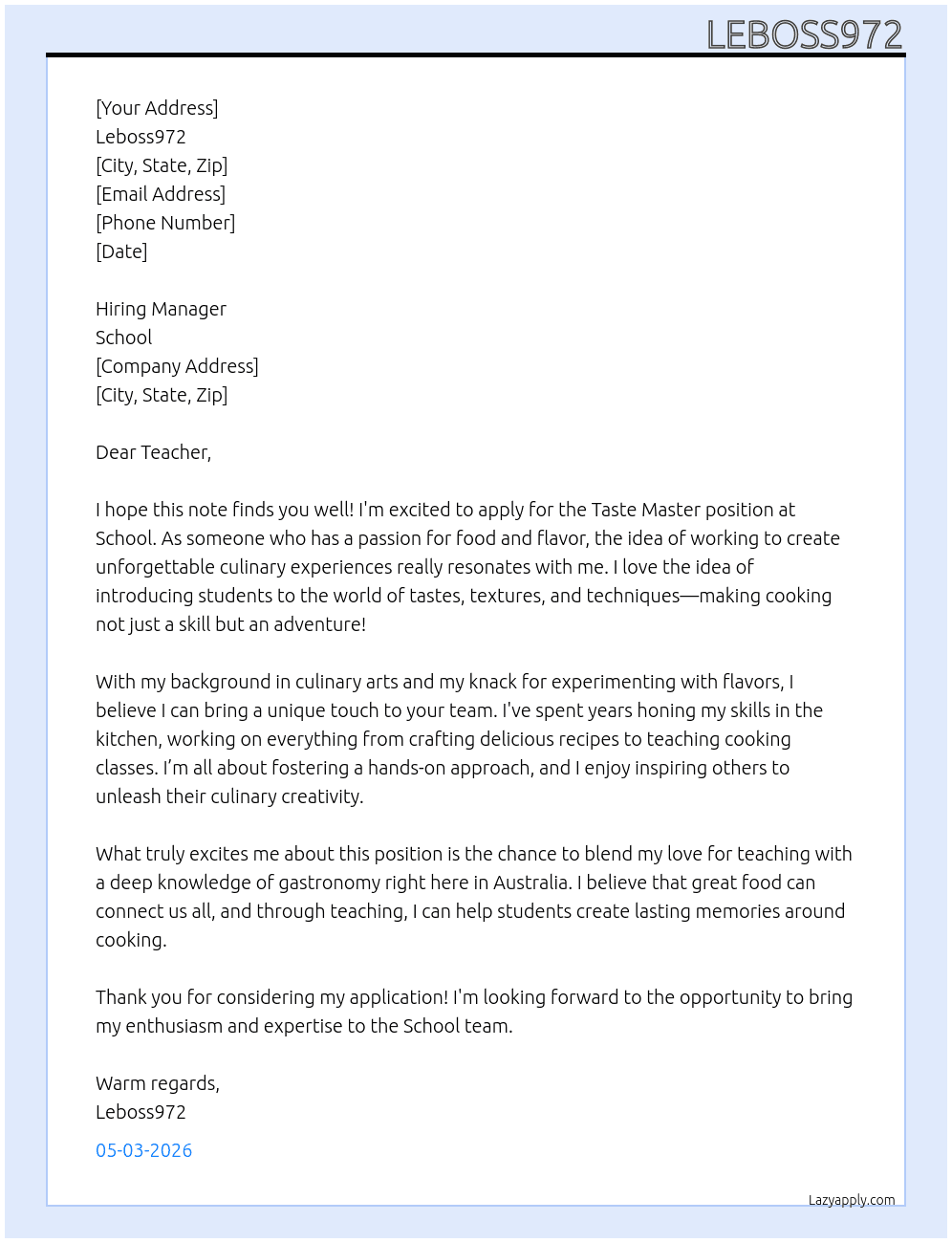taste master At school Cover Letter