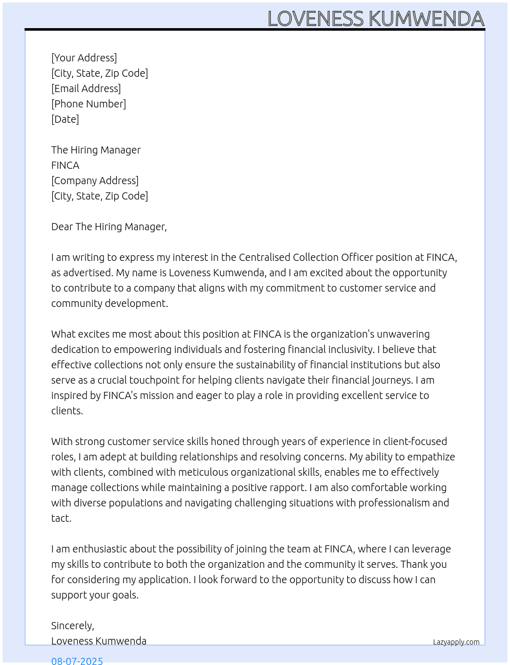 Centralised Collection Officer At FINCA Cover Letter