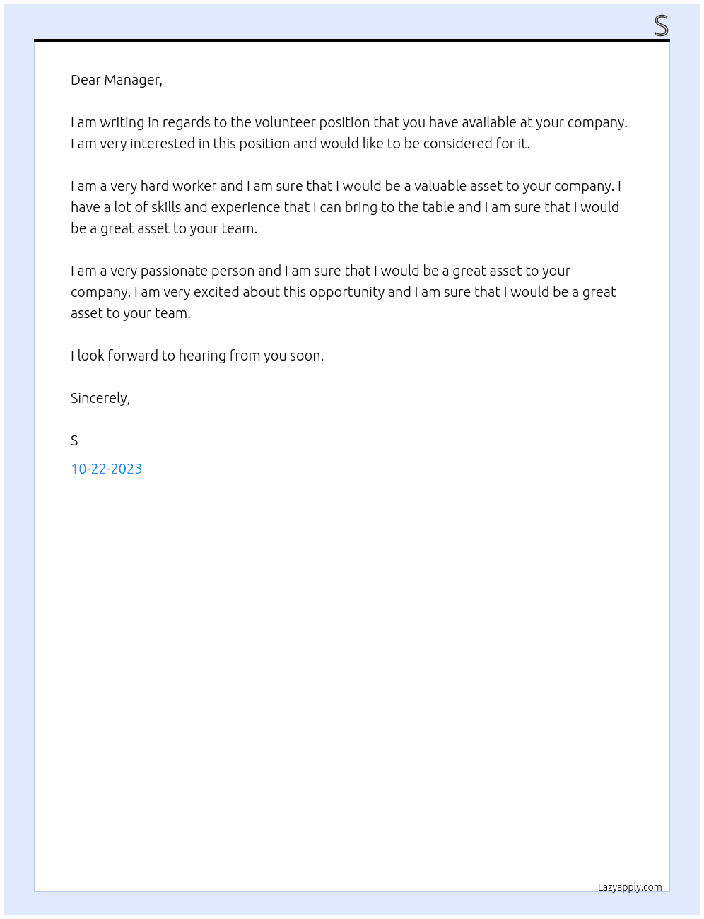 volunteer At charity Cover Letter