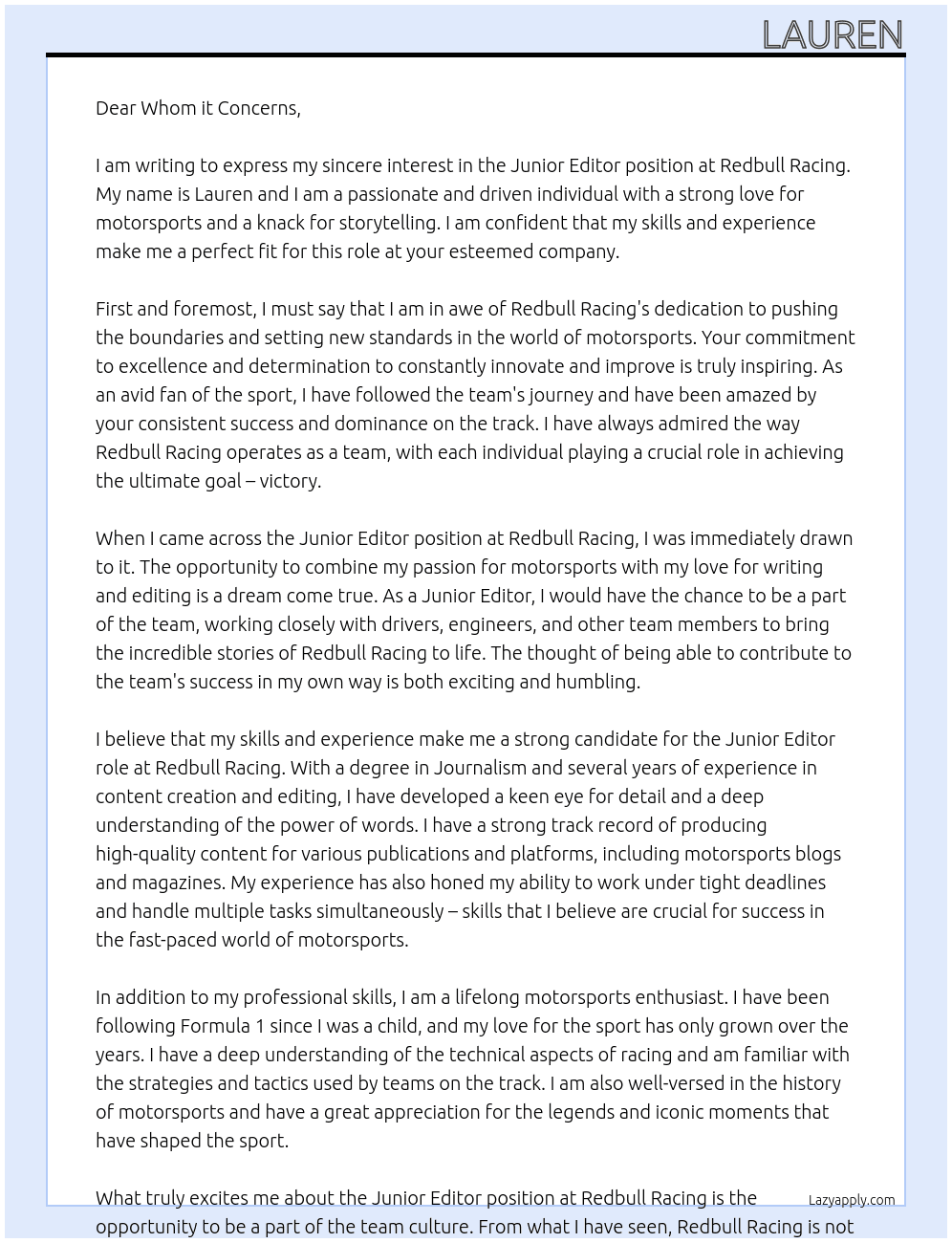 Junior Editor At Redbull Racing Cover Letter