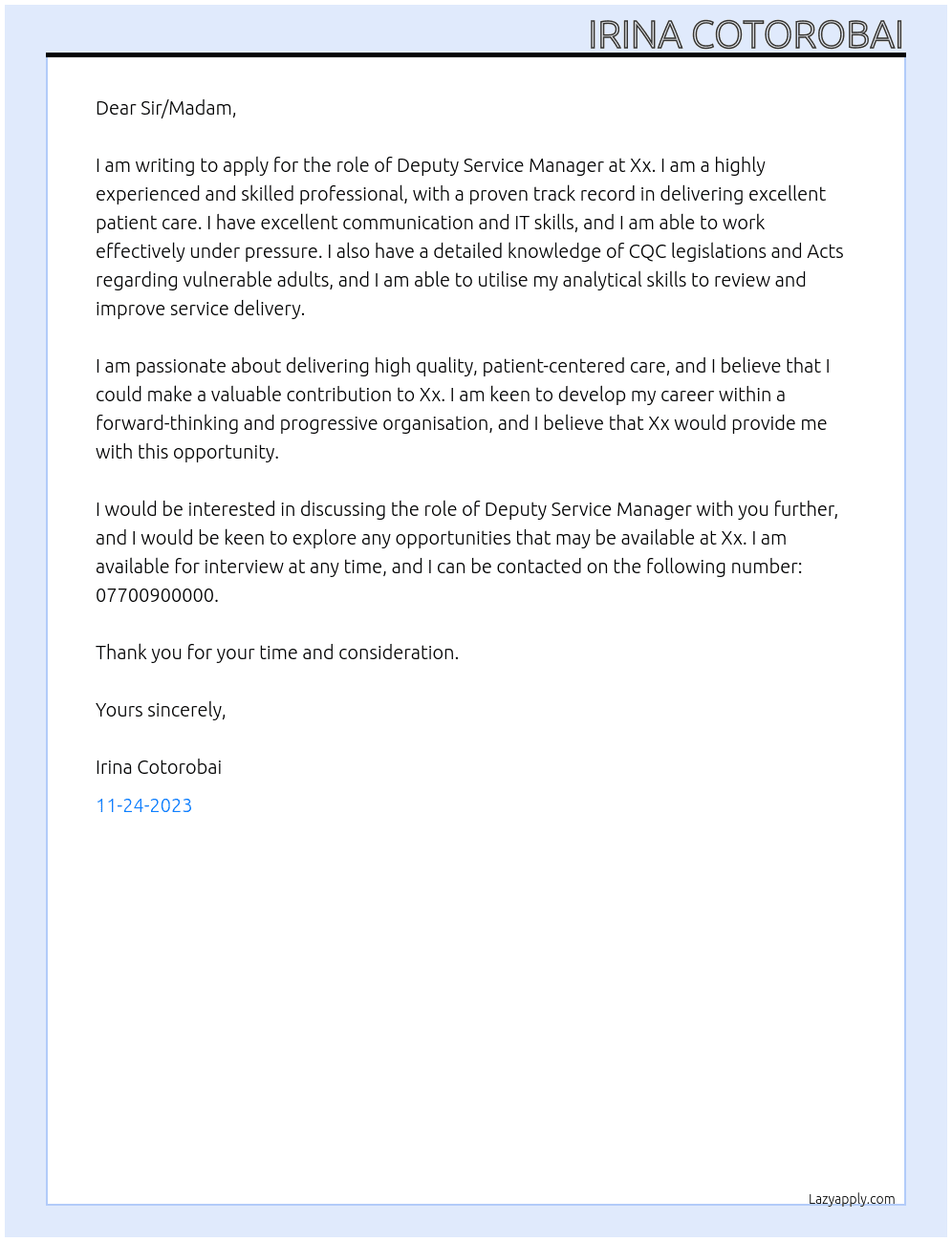 Deputy Service manager At Xx Cover Letter