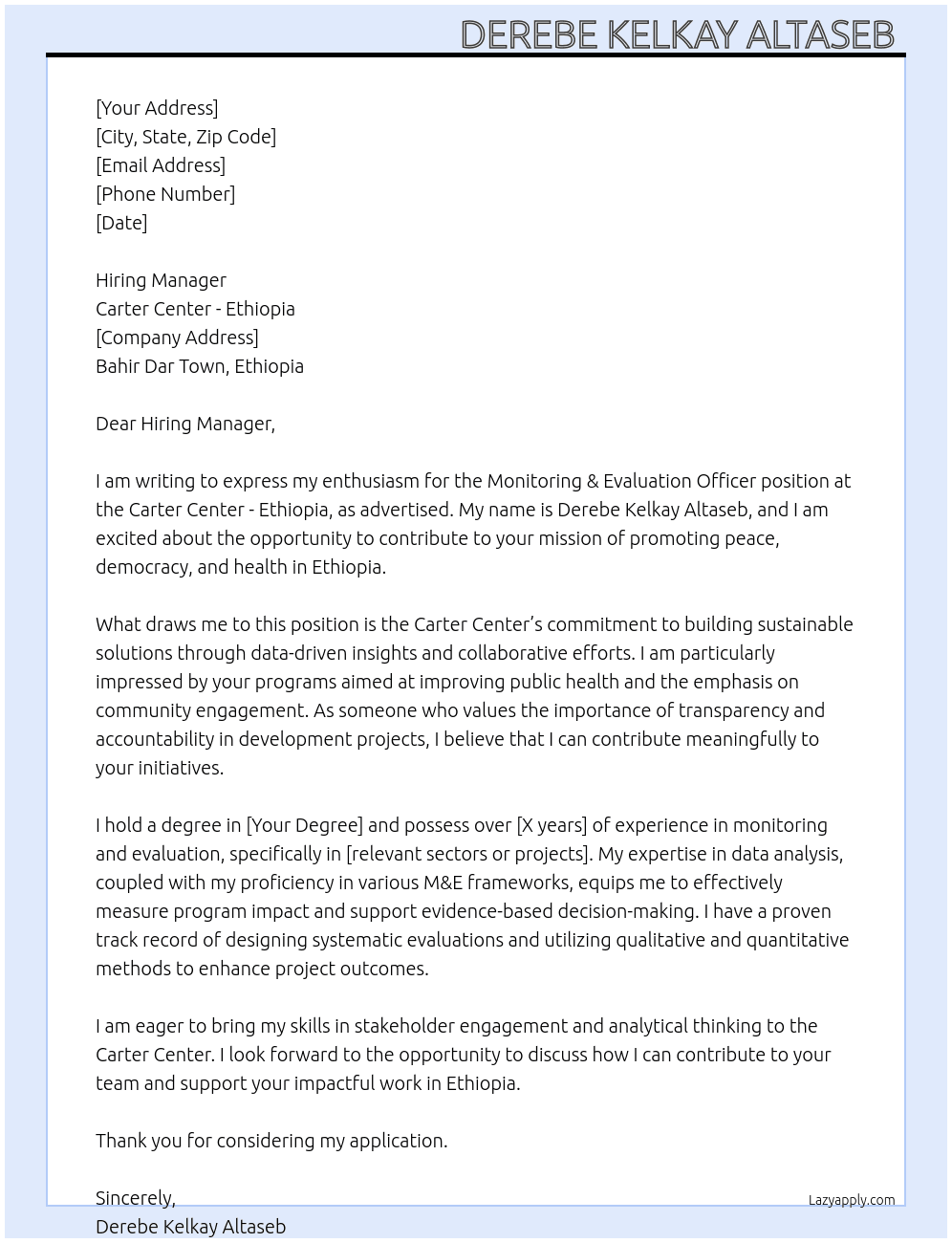 Monitoring & Evaluation Officer At Carter Center - Ethiopia Cover Letter