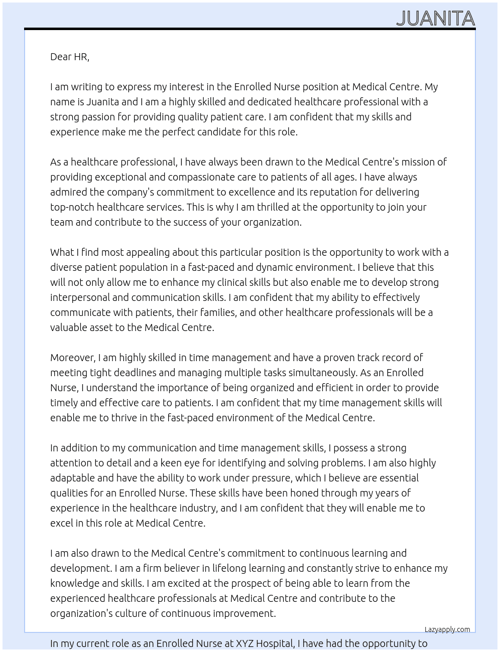 Enrolled Nurse At Medical Centre Cover Letter