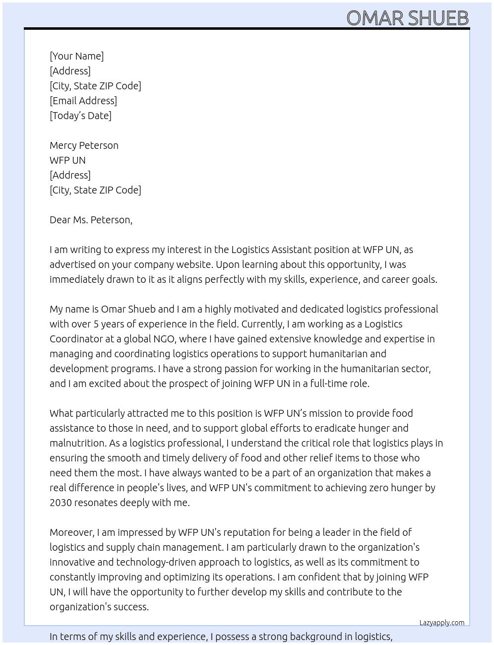 Logistics Assistant  At WFP UN Cover Letter