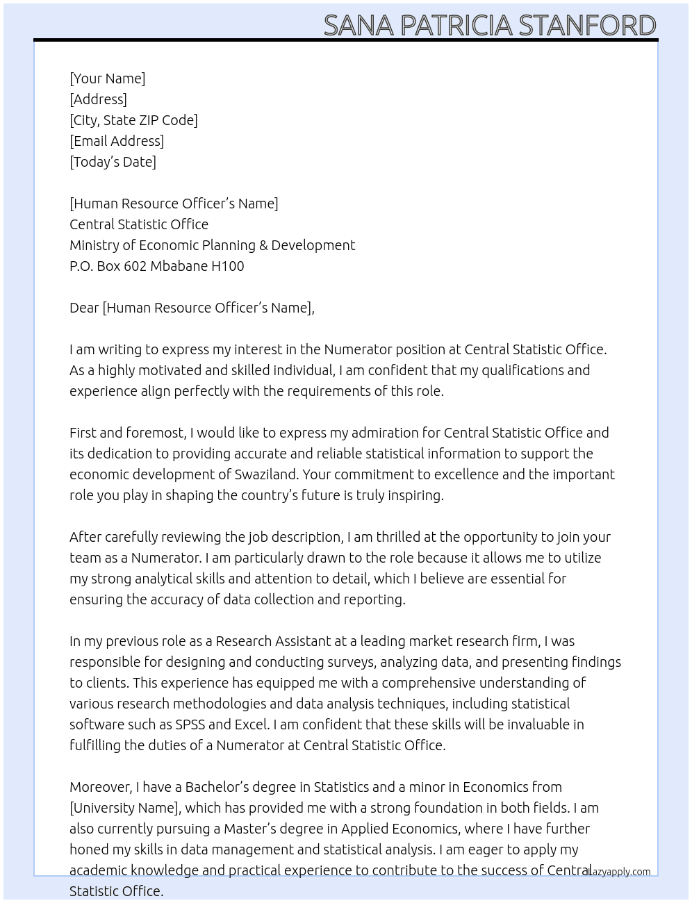 Numerator At Central Statistic OfficeMinistry of Economic Planning & Development, P.O. Box 602 Mbabane H100 Cover Letter