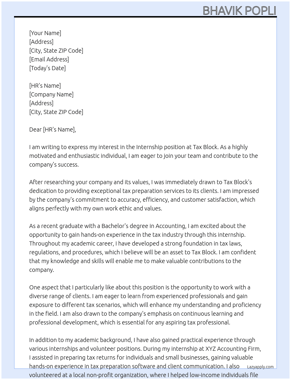 Internship At Tax Block Cover Letter
