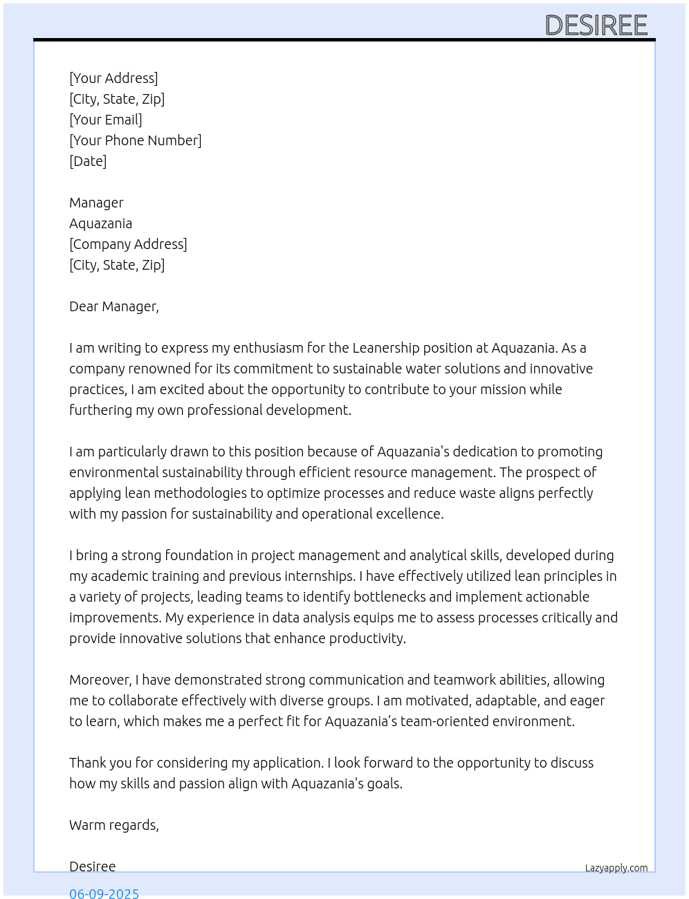 Leanership  At Aquazania Cover Letter